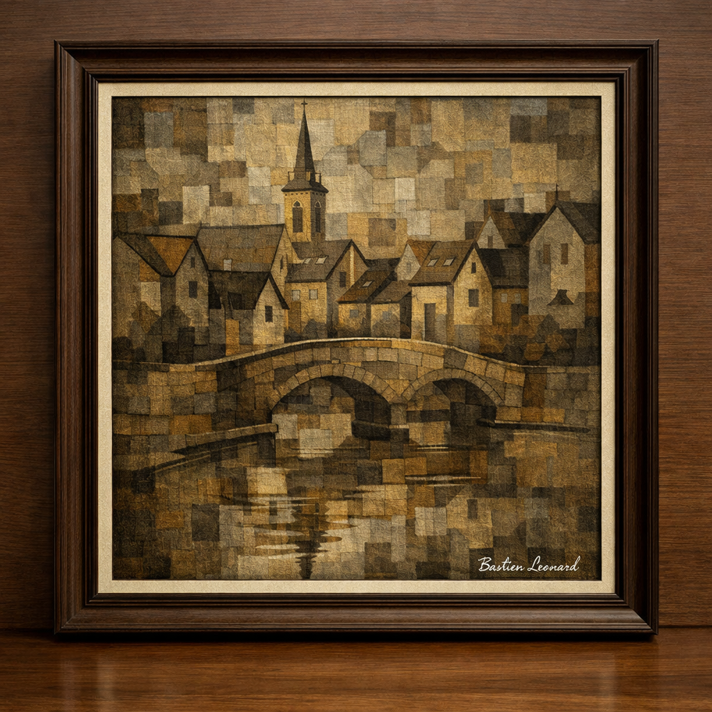 Cubist village with arched bridge