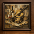 Cubist still life with wine and guitar