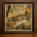 Cubist still life with trombone and music