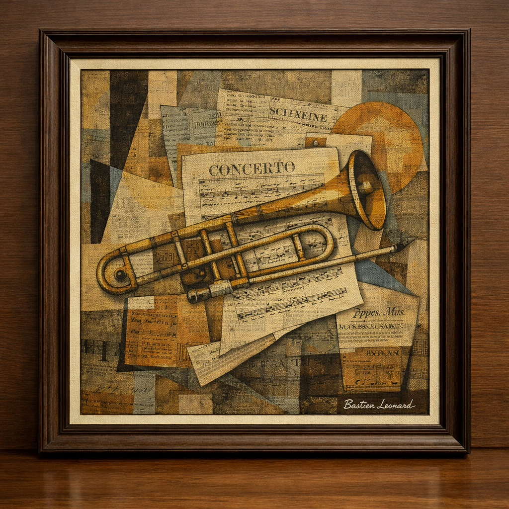 Cubist still life with trombone and music