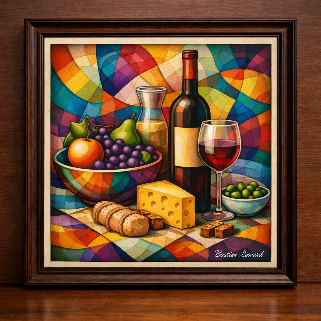 Cubist still life with vibrant fruits
