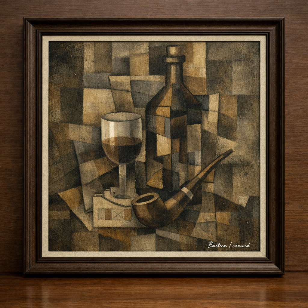 Cubist still life with trombone and music