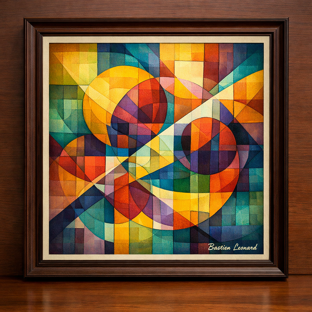 Vibrant cubist abstract on wooden frame