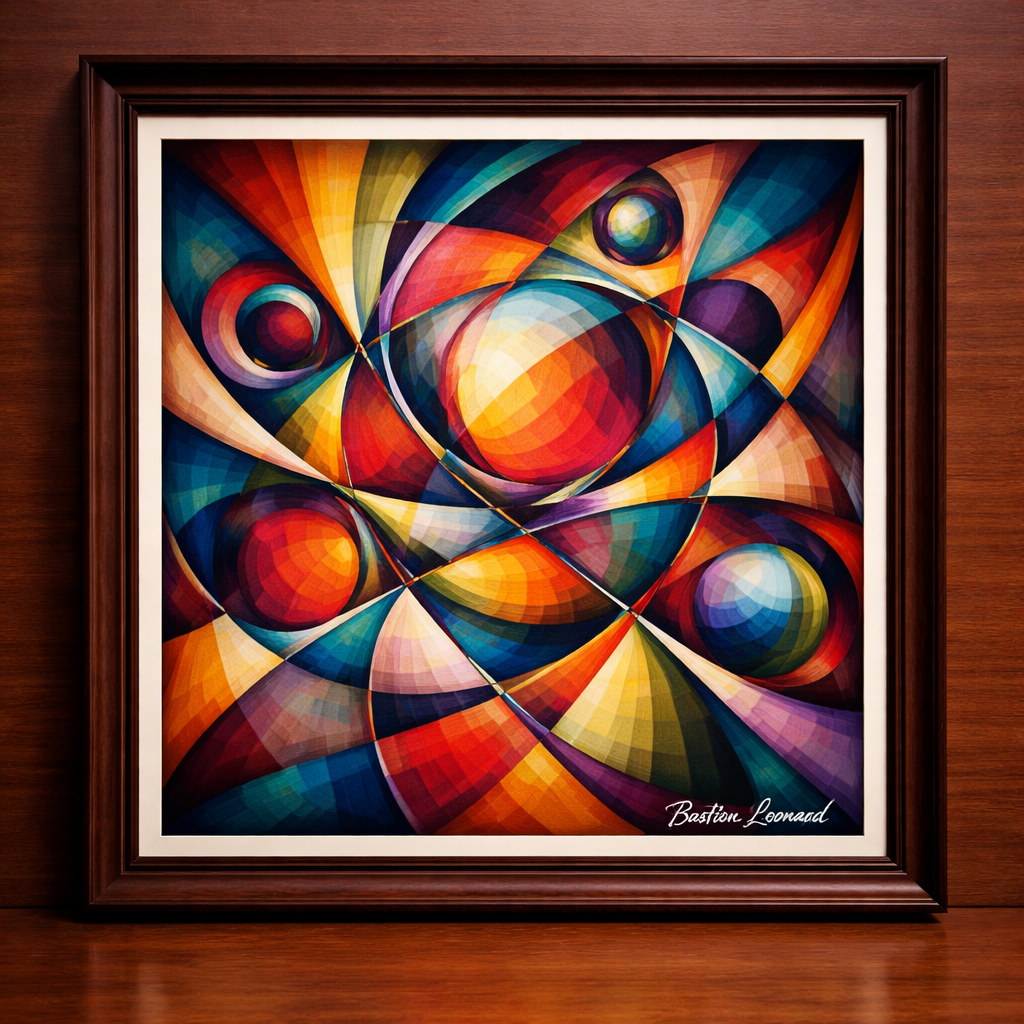 Vibrant cubist abstract on wooden frame