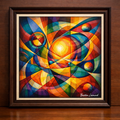 Vibrant cubist composition with glowing sphere