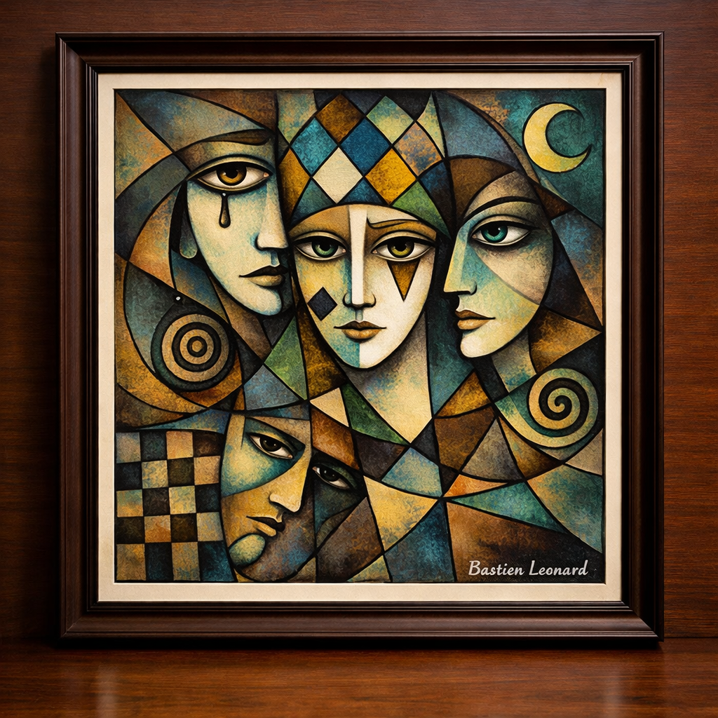 Cubist portraits with harlequin figure