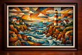 Coastal village in Synthetic Cubism style