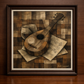 Cubist composition with mandolin and wine