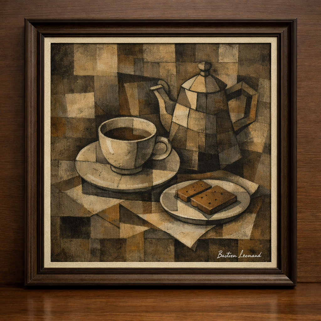 Cubist still life with teapot and biscuits